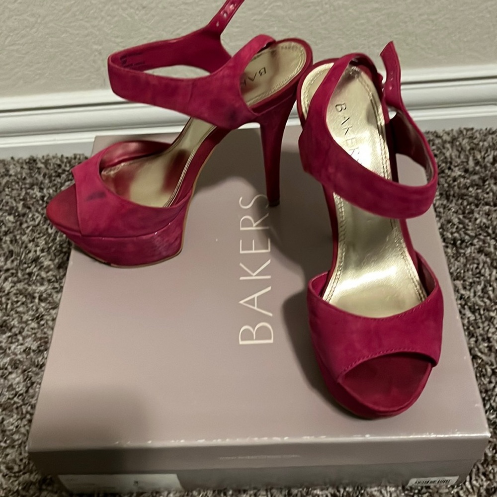 Pink suede, peak-a-boo 6” heals, Bakers 7.5